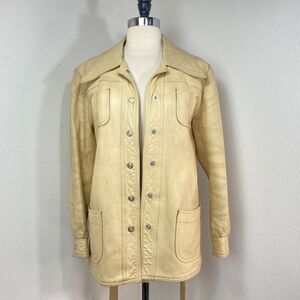 Vintage 70 New England Sportswear Trench Beige Leather Jacket 12 Snap Front Belt